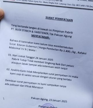 Gawat!!!, Kini Giliran PT Budi Starch & Sweetener Tidak Lagi Beli Singkong Petani