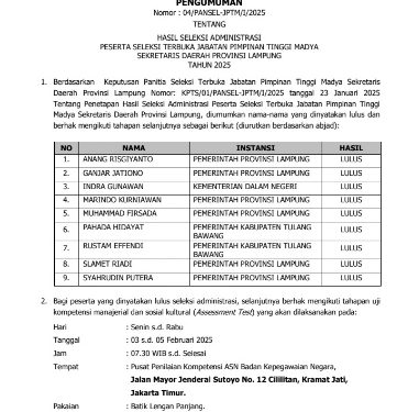 9 Orang Lulus Seleksi Administrasi Calon Sekdaprov Lampung
