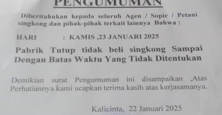 PT Teguh Wibawa Tidak Lagi Beli Singkong Petani