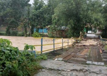 Sungai Batang Sukam dan Batang Kurimo Meluap, Jembatan Menuju Puskesmas Lubuktarok Sijunjung Nyaris Putus
