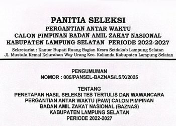 Pengumuman Penetapan Hasil Seleksi Tes Tertulis dan Wawawncara PAW Calon Pimpinan Baznas Kab. Lampung Selatan